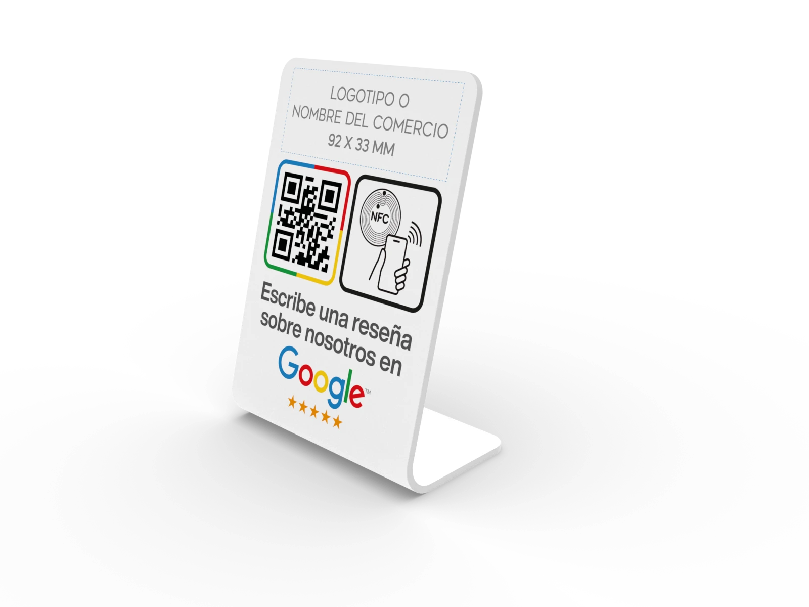 Placa de metacrilato para reseñas de Google, de sobremesa, con QR y NFC y el texto «Tu opinión nos ayuda a crecer»