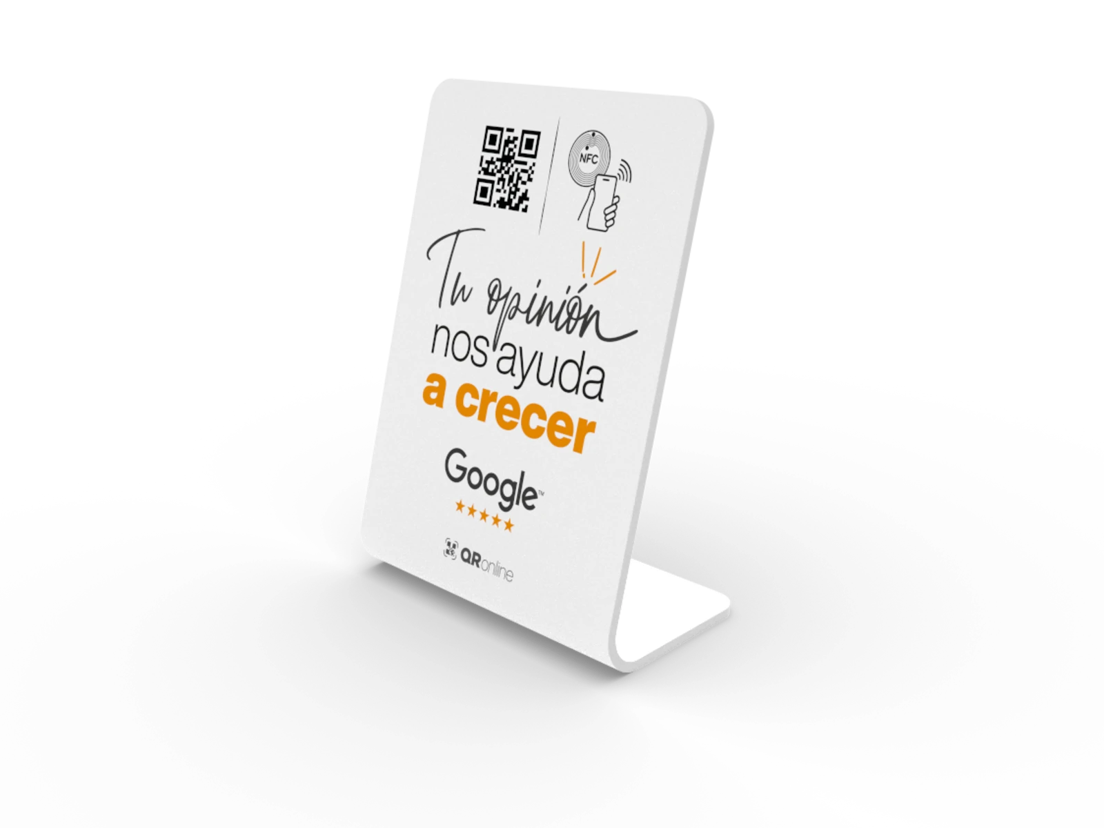 Placa de metacrilato para reseñas de Google, de sobremesa, con QR y NFC y el texto «Tu opinión nos ayuda a crecer»