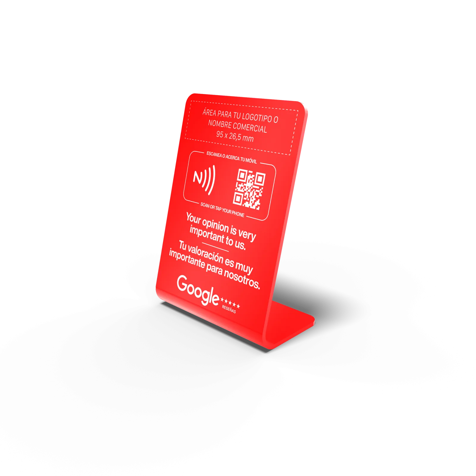 Placa de reseñas Google bilingüe con QR y NFC en metacrilato rojo, personalizable con logotipo